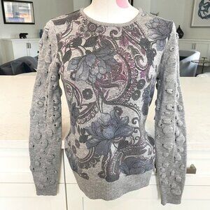 Alberto Makali Designer 2 Pce Floral Wool Acrylic Sweater & Scarf Grey Blu Sz M